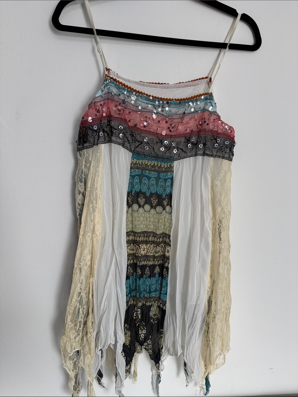 Bohemian Multi‑Color Lace & Sequin Spaghetti Strap Top